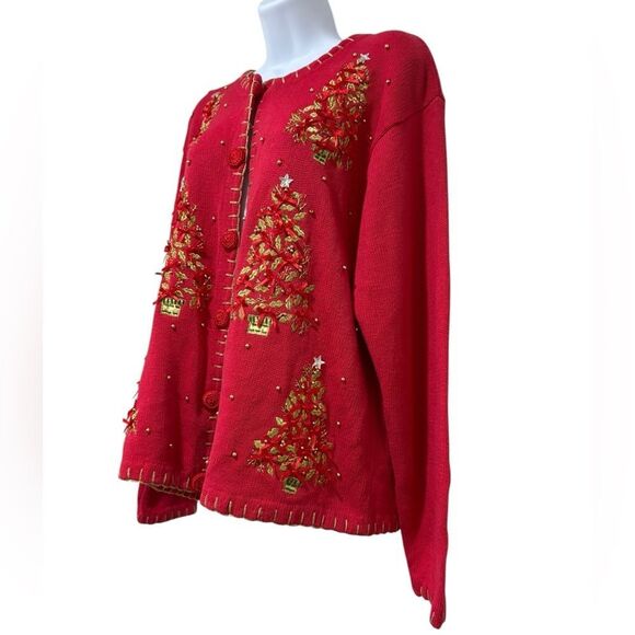 Victoria Harbour Red Christmas Cardigan Sweater Embroidered Trees Beaded Size M - Picture 2 of 6